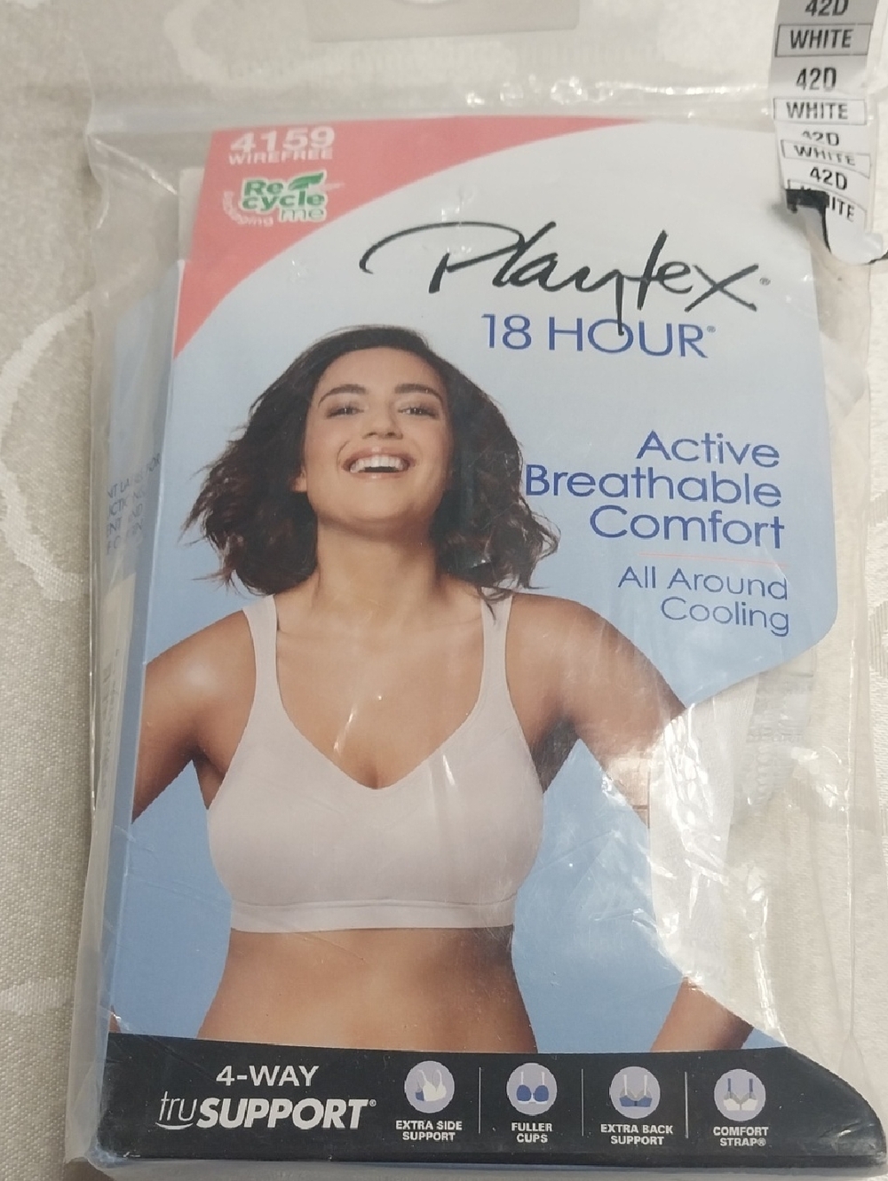Playtex NWT 18 Hour Active Breathable Comfort Bra Size 42D White #4159 Wirefree